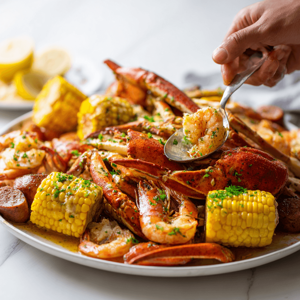 Warm Cajun seafood boil platter with steam rising and hand serving