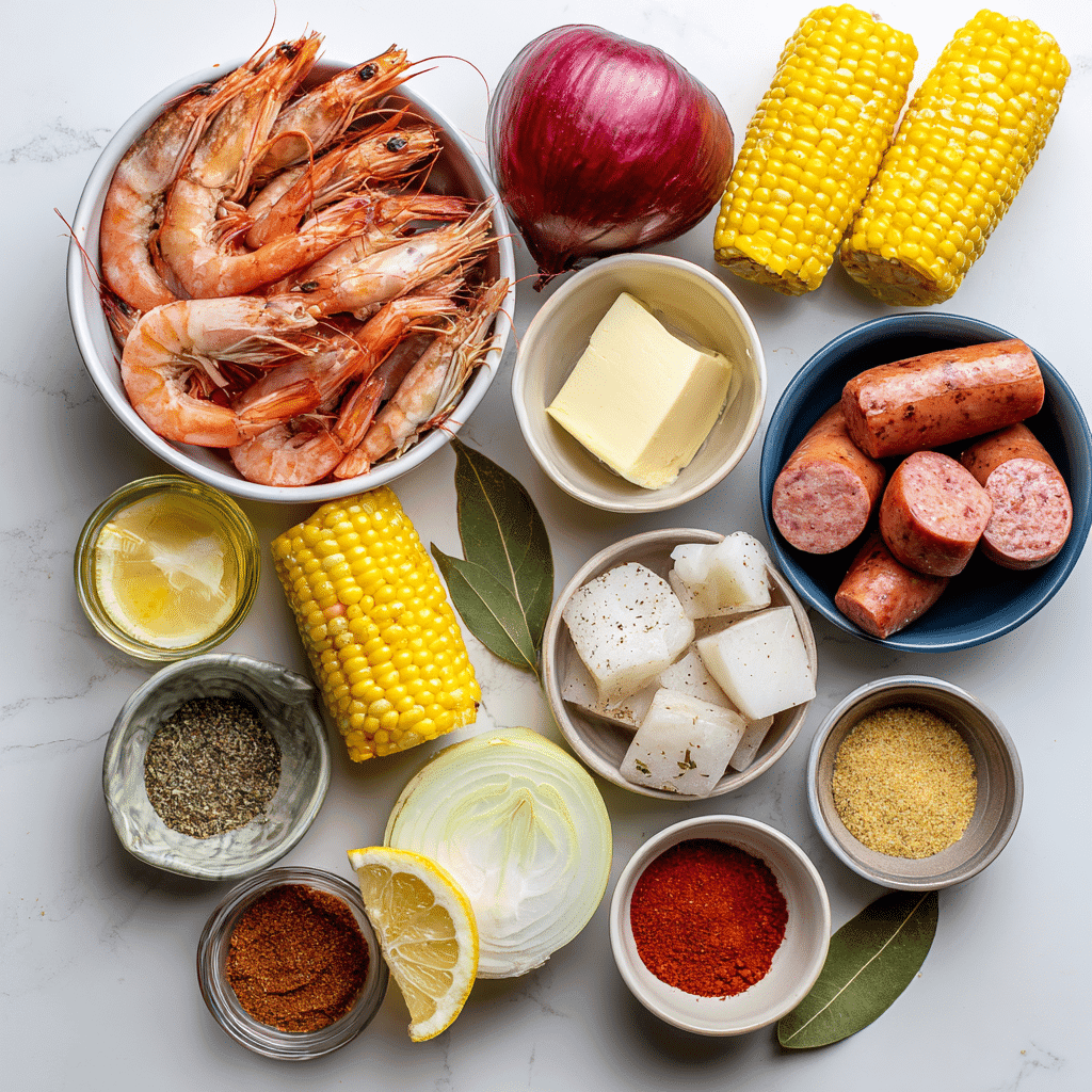 Cajun seafood boil ingredients laid out on a white background