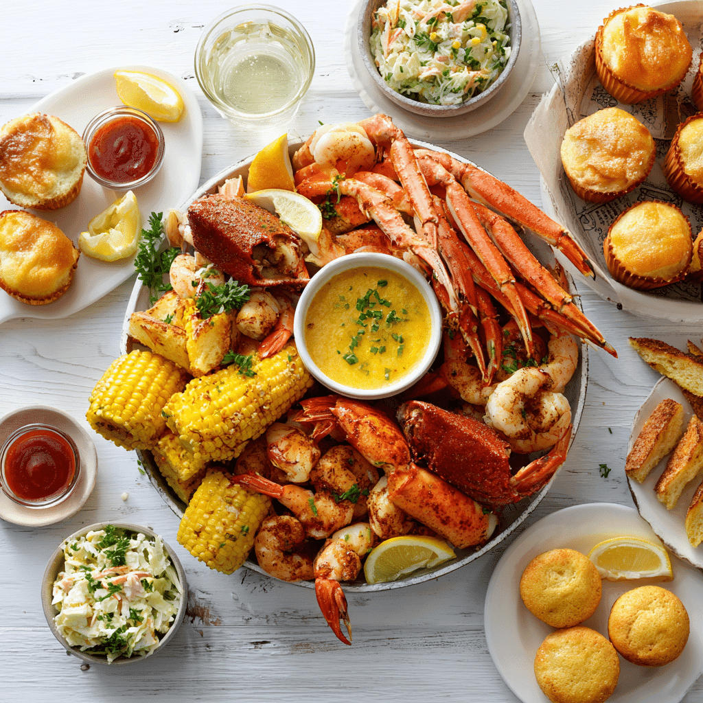 Cajun seafood boil served with garlic bread, coleslaw, corn muffins, and sauces