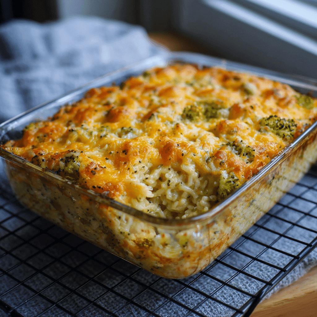 Chicken broccoli rice casserole with golden cheesy top cooling on a wire rack 