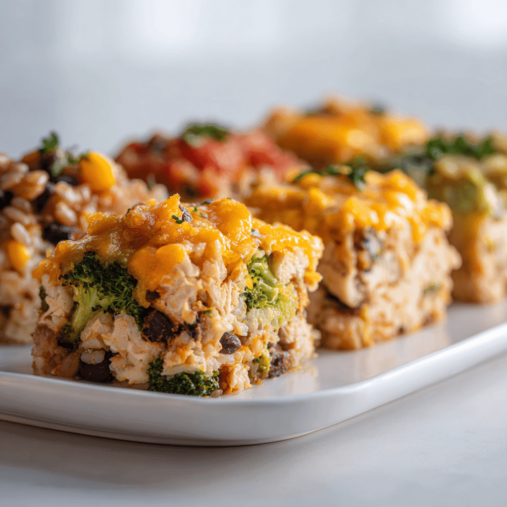Mini portions of chicken broccoli rice casserole variations including vegetarian, Tex-Mex, and brown rice versions