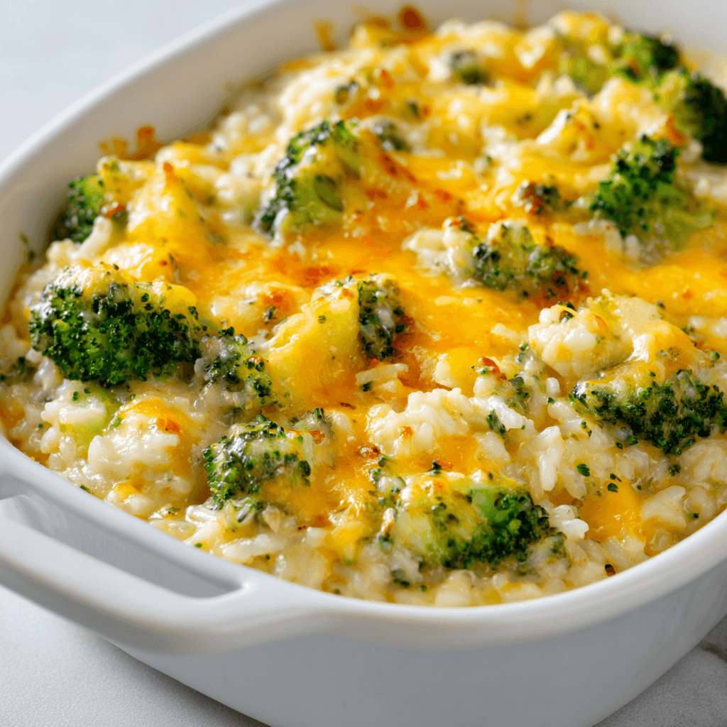 Chicken broccoli rice casserole with melted cheese, broccoli, and creamy rice in a white baking dish