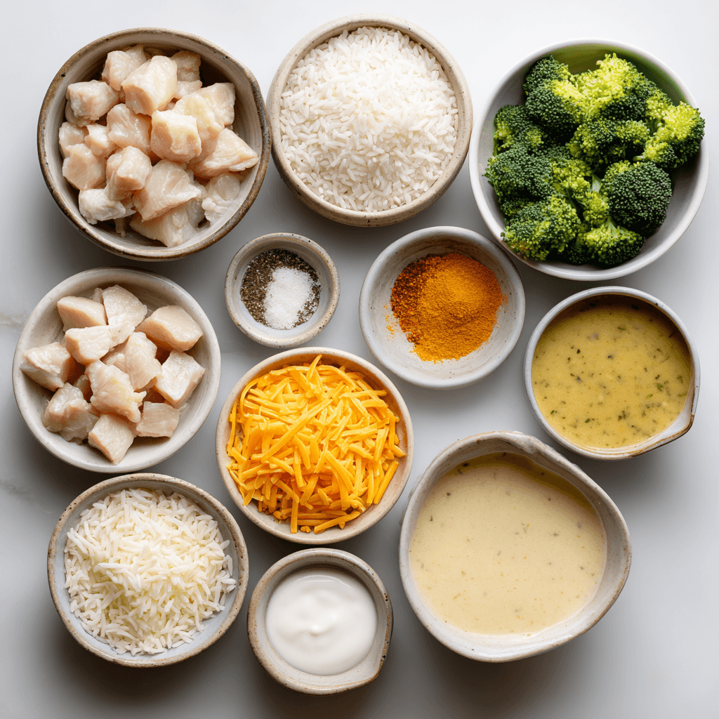 Flat lay of chicken broccoli rice casserole ingredients including chicken, rice, broccoli, cheese, and soup