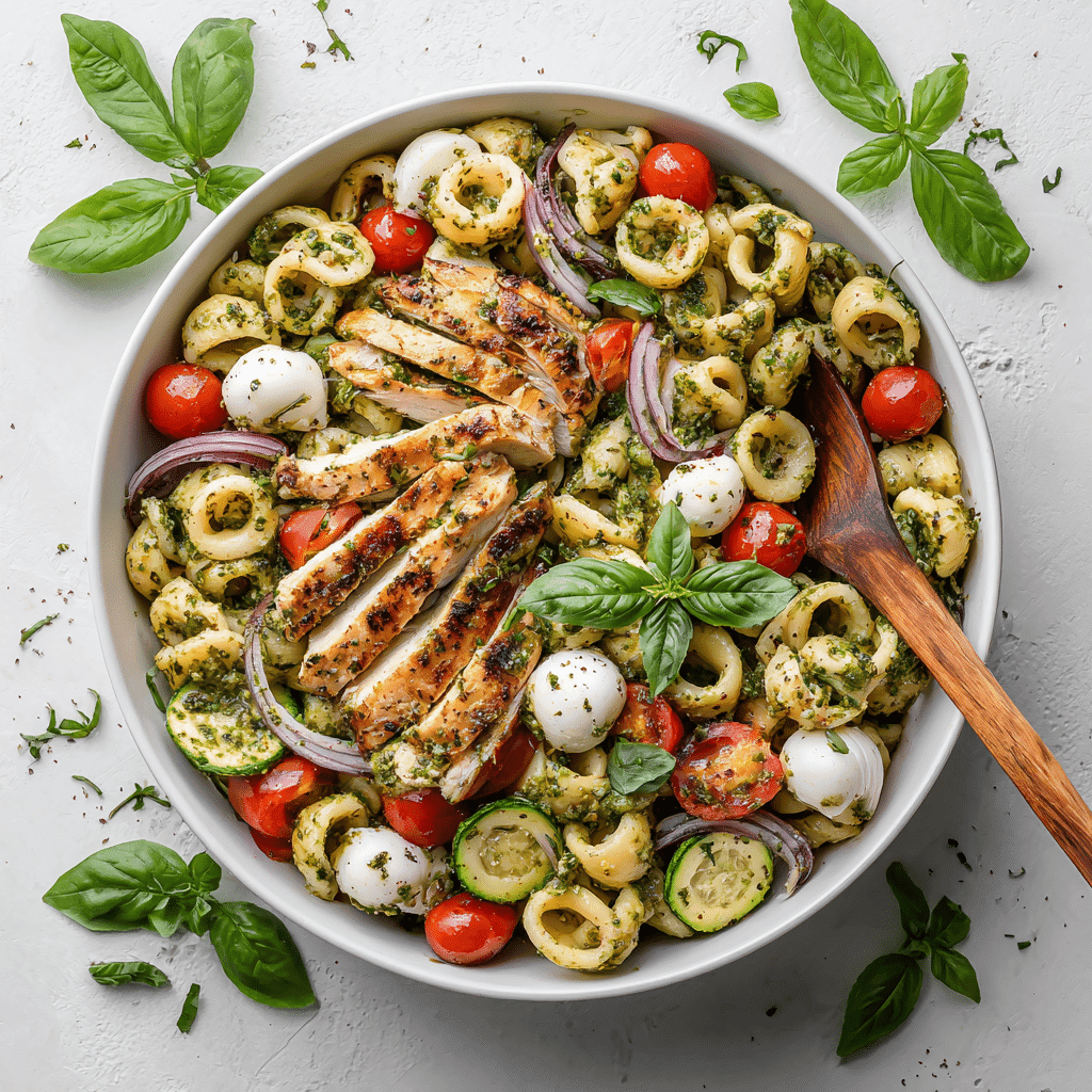 Bowl of chicken pesto pasta salad with grilled chicken, pesto, and fresh vegetables
