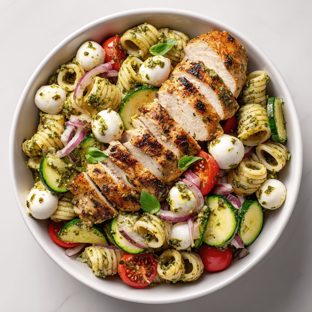 Chicken pesto pasta salad with grilled chicken, tomatoes, and mozzarella