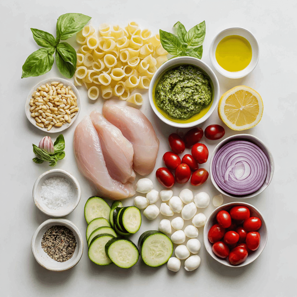 Ingredients for chicken pesto pasta salad including ring pasta, chicken, pesto, and fresh vegetables