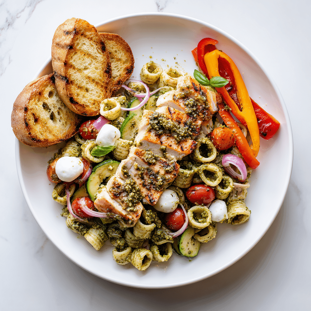 Chicken pesto pasta salad served with grilled salmon, garlic bread, and roasted vegetables