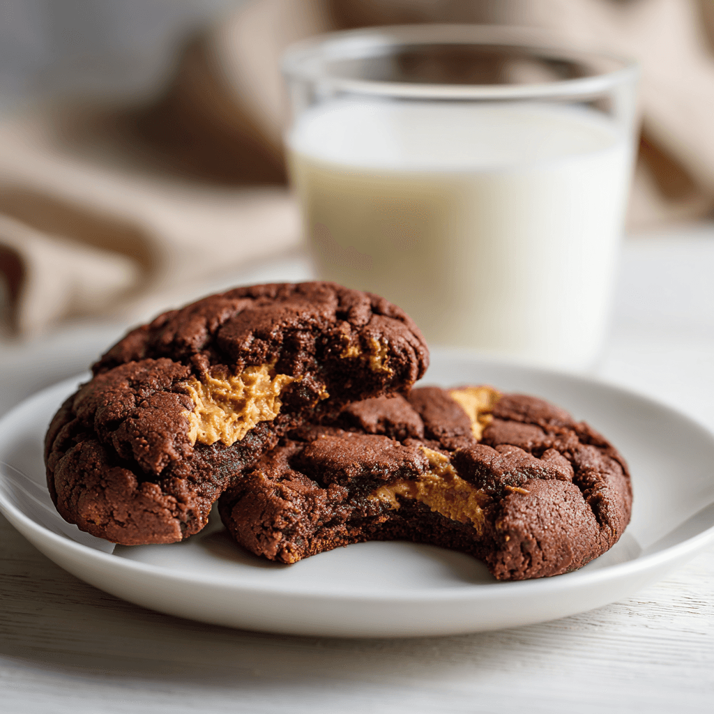 Plate of chocolate peanut butter cookies with a glass of milk