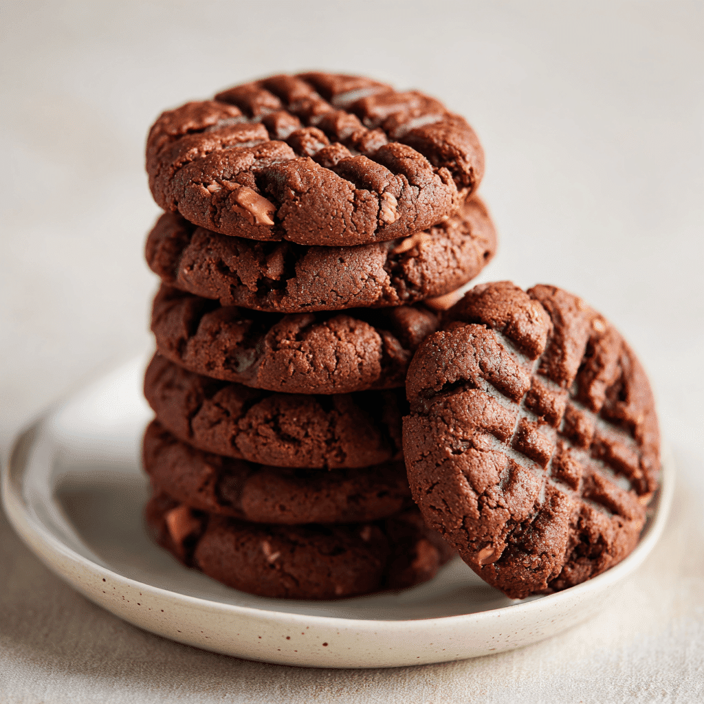 Stack of soft chocolate peanut butter cookies on a white plate with chocolate chunks