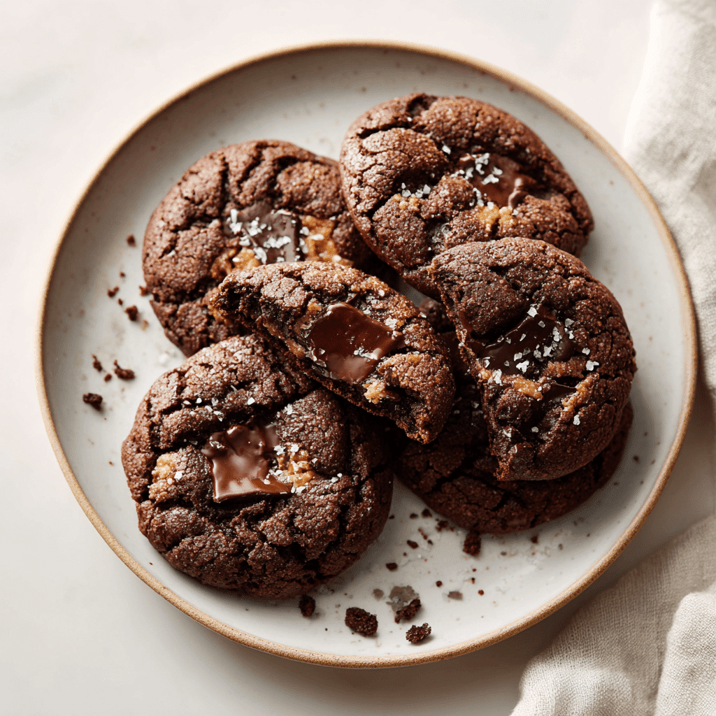 Chocolate peanut butter cookies on a white plate, one broken to show gooey center
