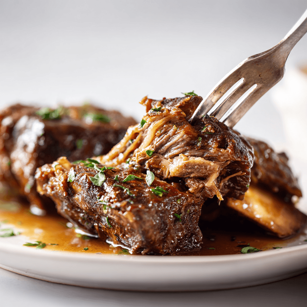 Perfectly cooked slow cooker beef short ribs showing fall-apart tenderness