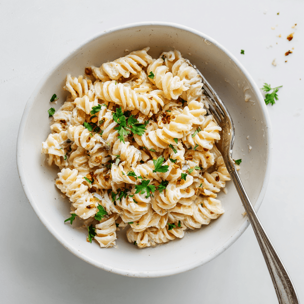 Half-eaten bowl of cottage cheese pasta with fork resting inside