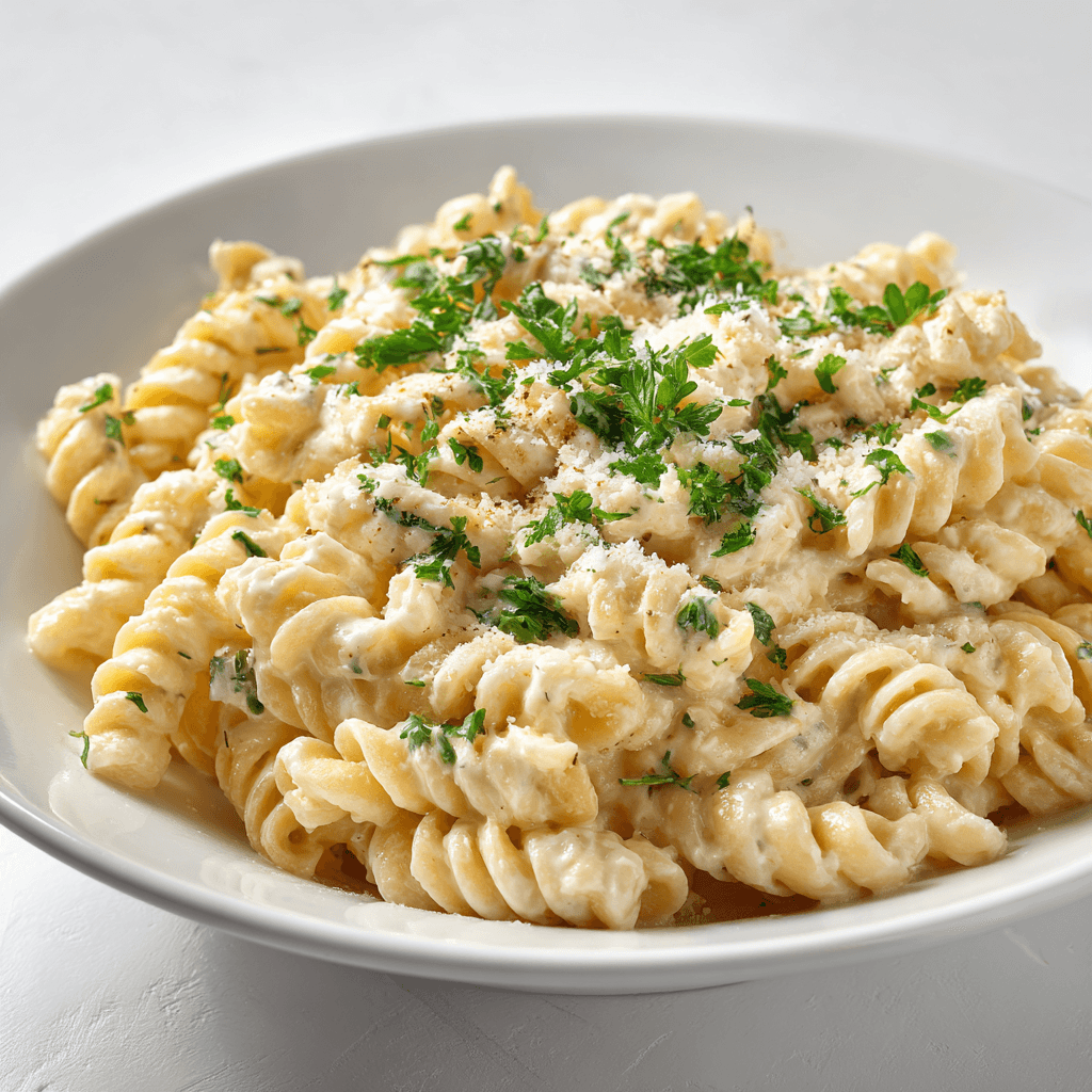 Creamy cottage cheese pasta with parsley in a white bowl