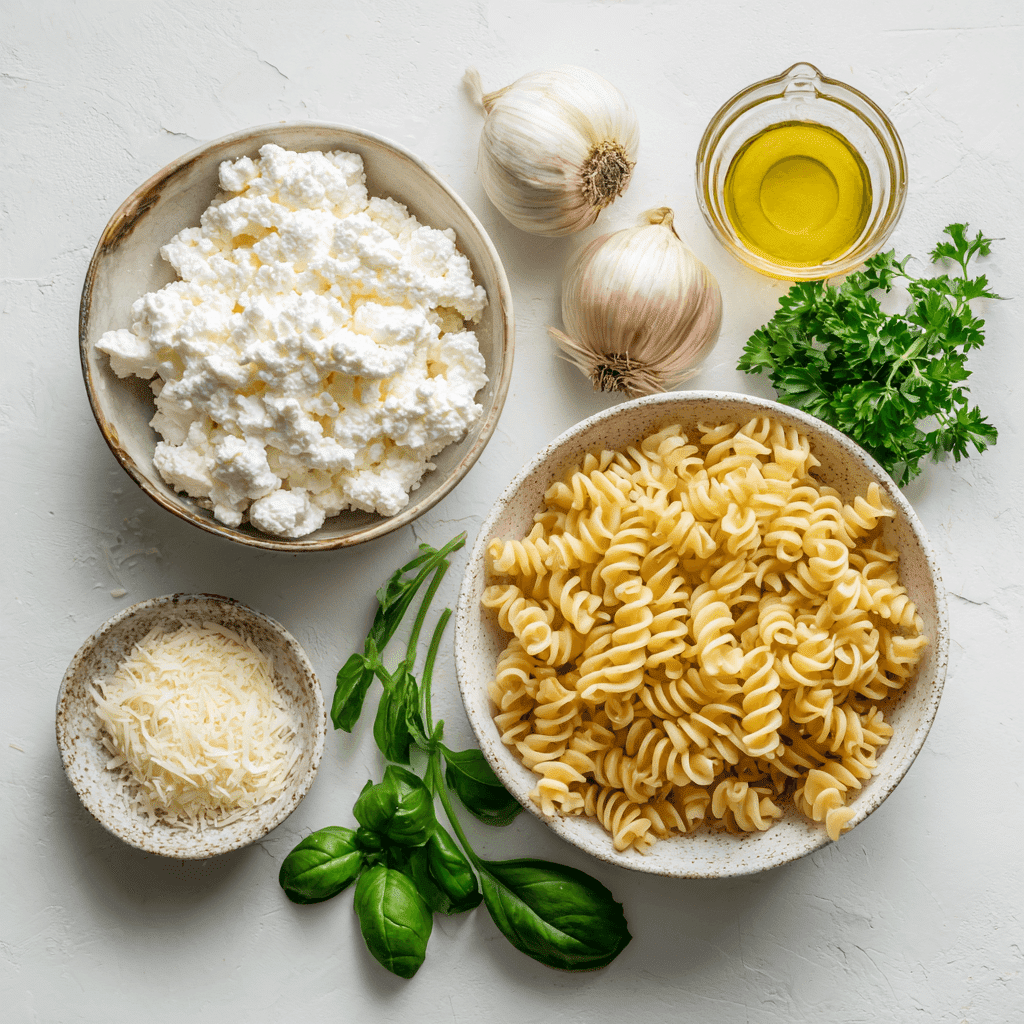 Cottage cheese pasta ingredients laid out on a white surface