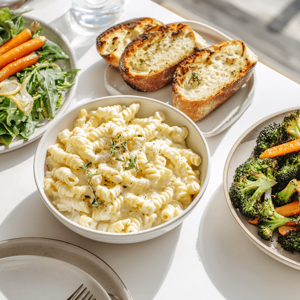 Cottage cheese pasta served with garlic bread, salad, and roasted vegetables