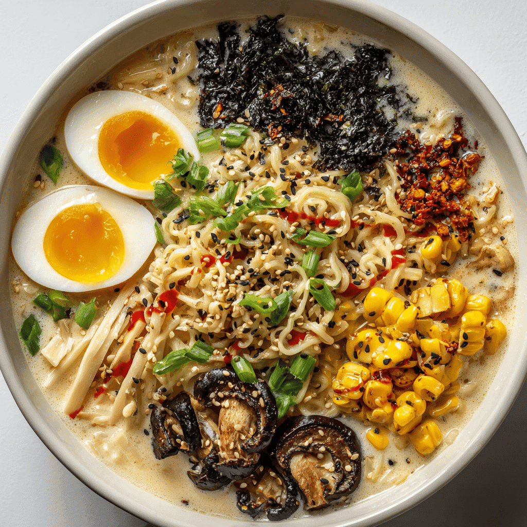Creamy Ramen Recipe – Viral 10-Minute Hack That’s Pure Comfort 4 Creamy ramen recipe with a mix of traditional and creative toppings in a white bowl