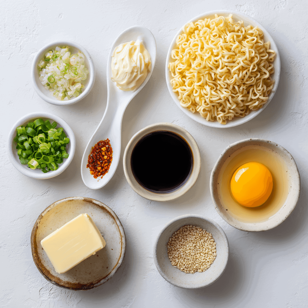 Creamy Ramen Recipe – Viral 10-Minute Hack That’s Pure Comfort 2 Core ingredients for creamy ramen recipe including instant noodles, mayo, egg yolk, and seasonings