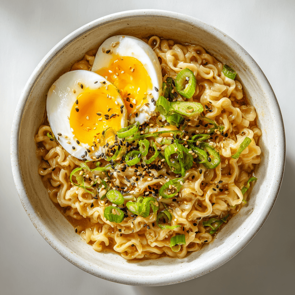 Creamy ramen recipe with egg yolk, mayo, and toppings in a white bowl