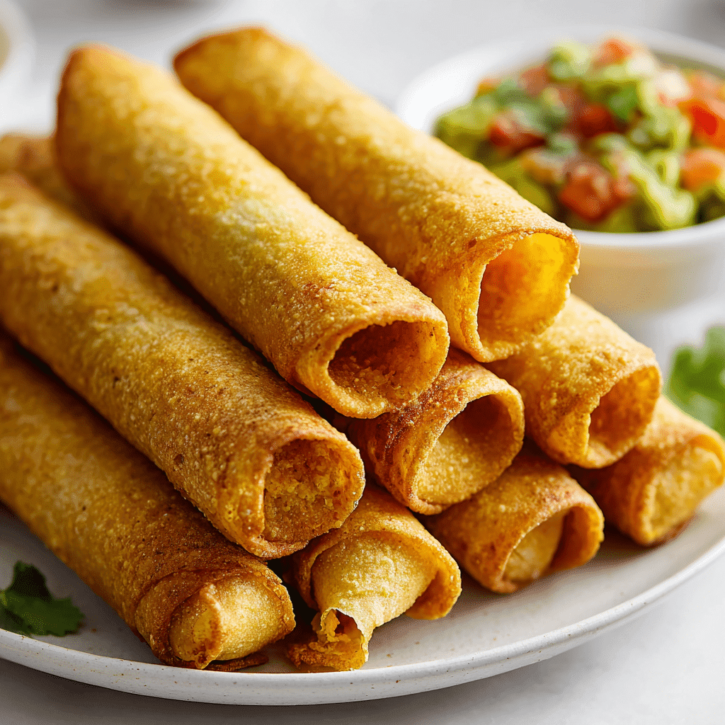 Golden air fryer taquitos served with dipping sauce on a white plate