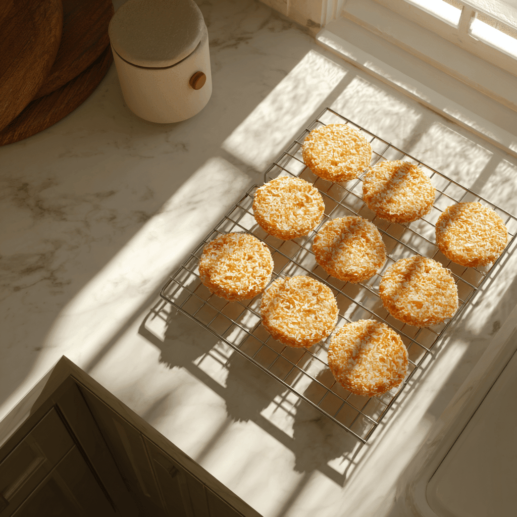 Perfectly cooked crispy rice cakes cooling on a wire rack in a clean kitchen