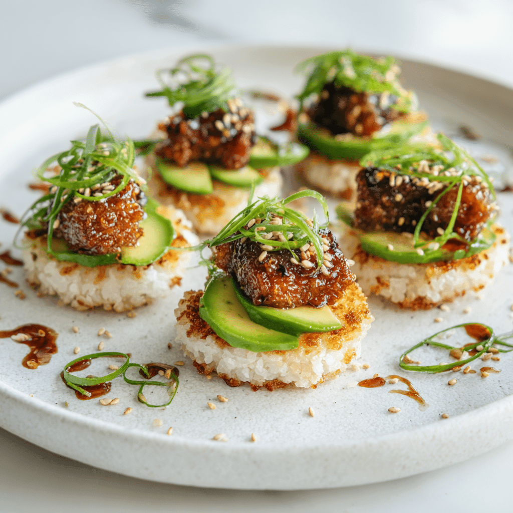Crispy rice cakes topped with spicy tuna, avocado, and sesame seeds