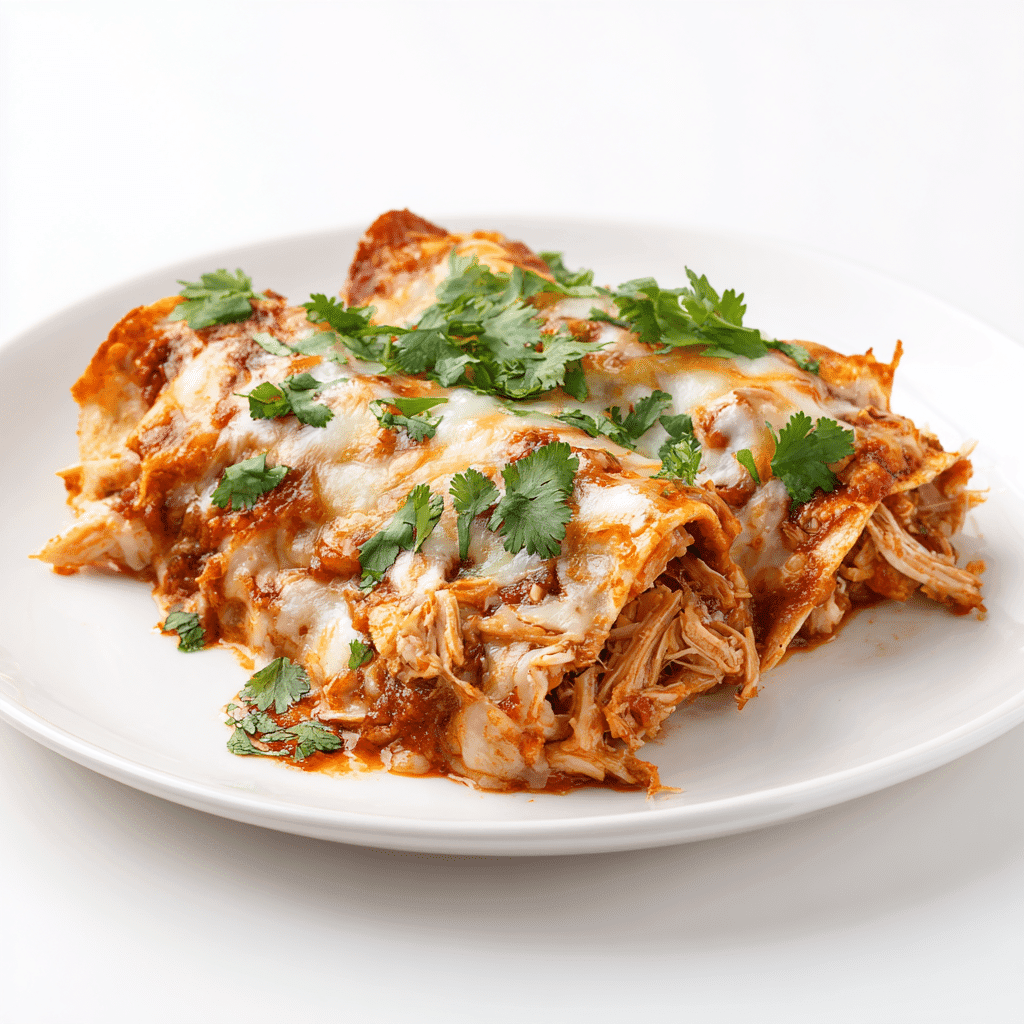 Crock pot chicken enchiladas with melted cheese and red sauce on a white plate