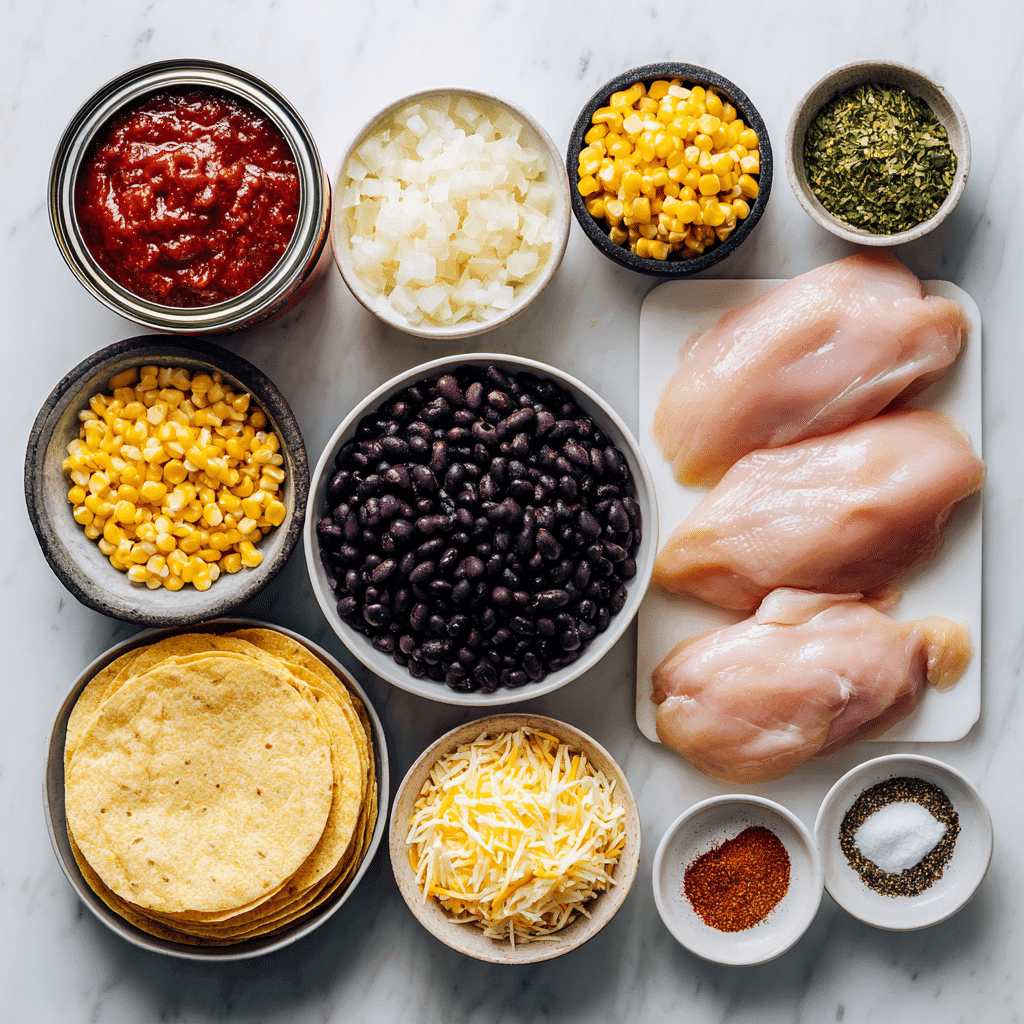 Crock pot chicken enchilada ingredients arranged on a white background