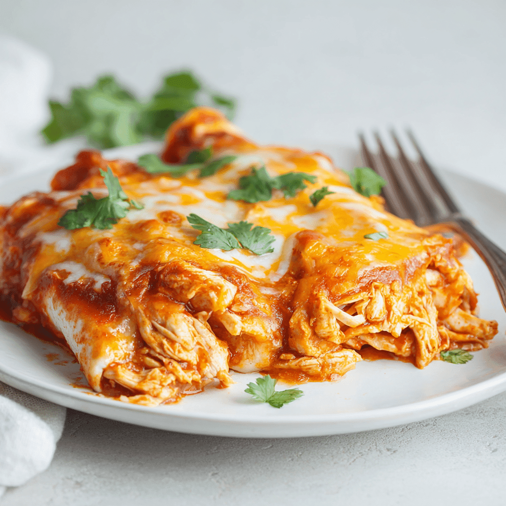 Slow cooker chicken enchiladas with melted cheese and red enchilada sauce