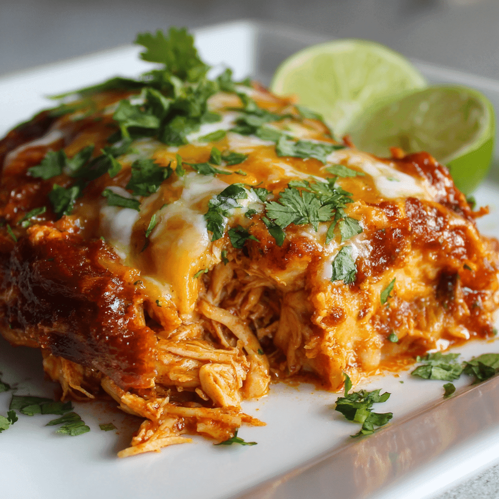 Saucy crock pot chicken enchiladas with cheese and cilantro on white plate