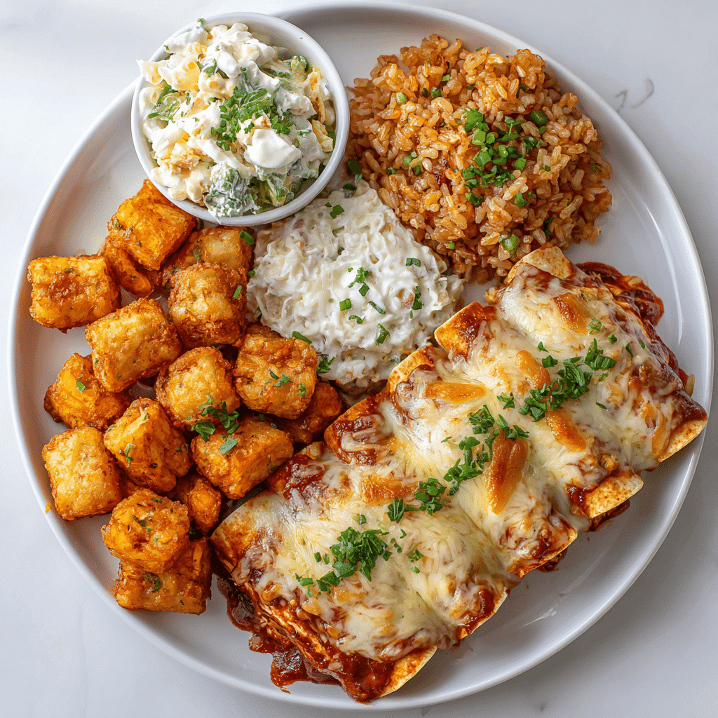 Chicken enchiladas served with loaded tater tots, rice, sweet potatoes, and salad