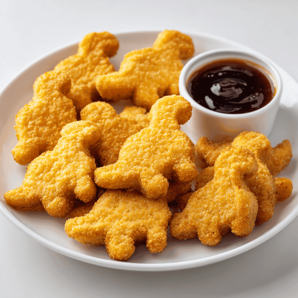 Dino Nuggets Air Fryer – Crispy & Easy Snack in 8 Minutes 4 Golden dino nuggets with dipping sauce on a white plate from air fryer