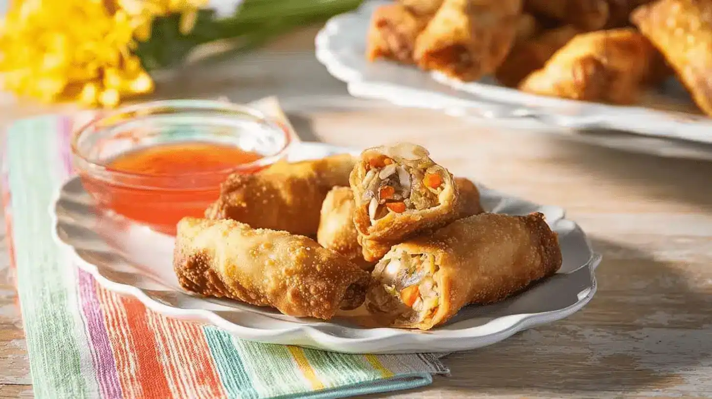 Crispy golden-brown egg rolls, perfect for an egg roll recipe air fryer, served on a white plate with sweet chili dipping sauce.