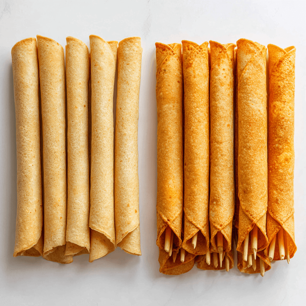 Frozen and homemade air fryer taquitos side by side on a white surface