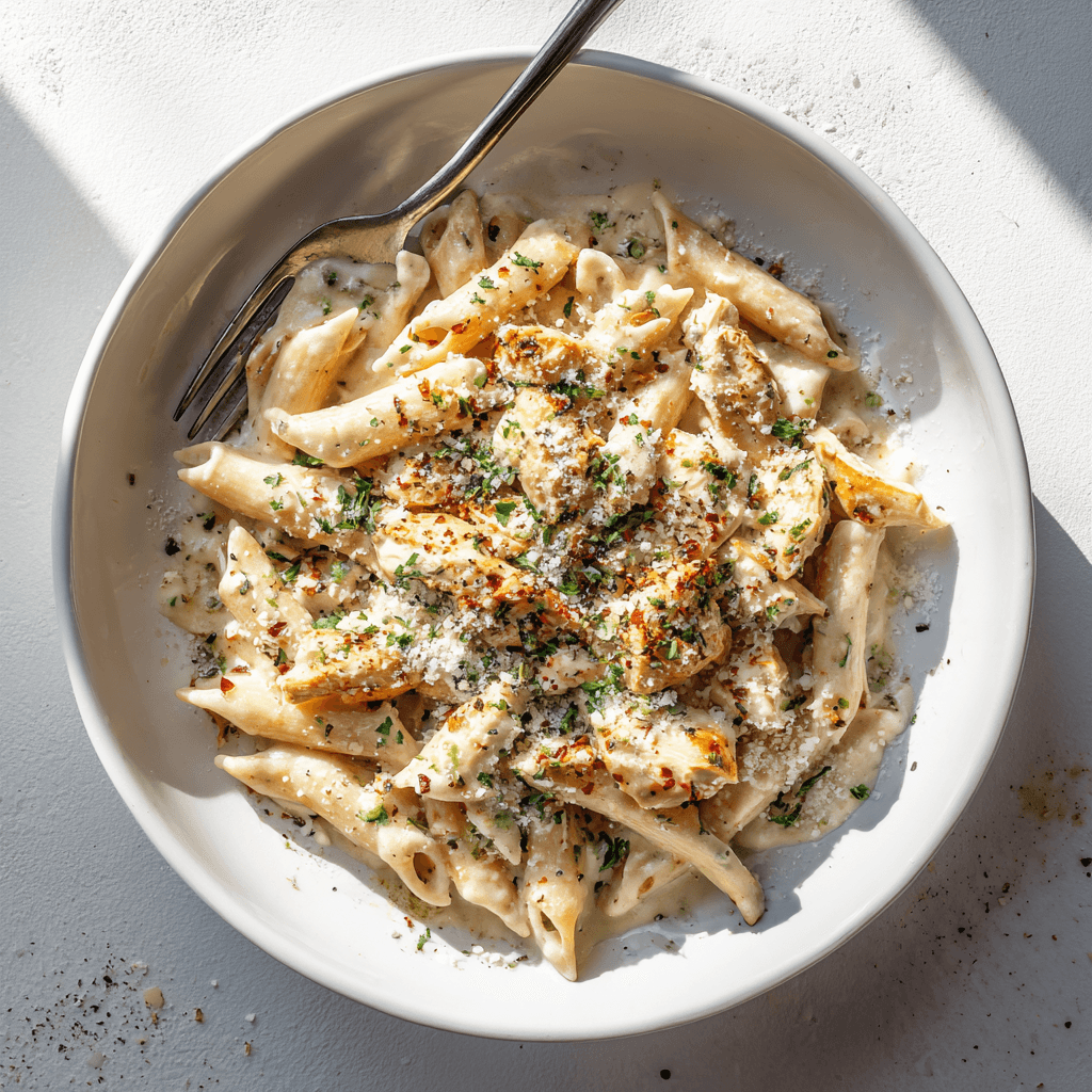 Partially eaten garlic parmesan chicken pasta with fork in bowl