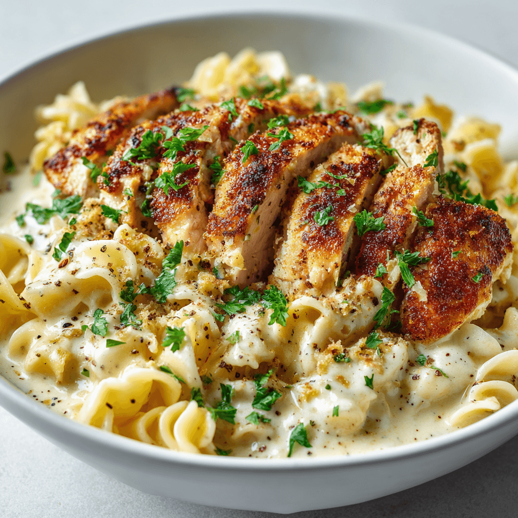 Creamy garlic parmesan chicken pasta with seared chicken and parsley in a white bowl