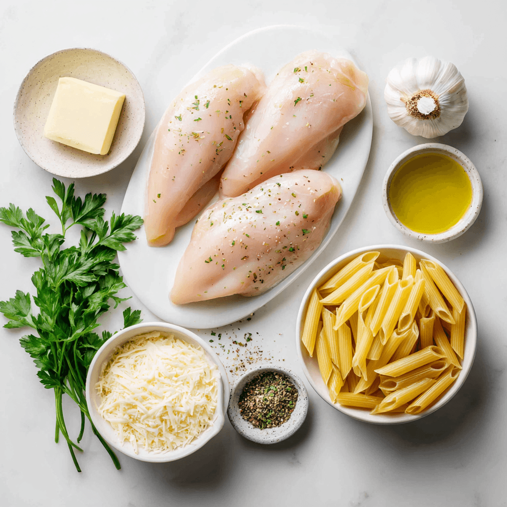 Ingredients for garlic parmesan chicken pasta arranged