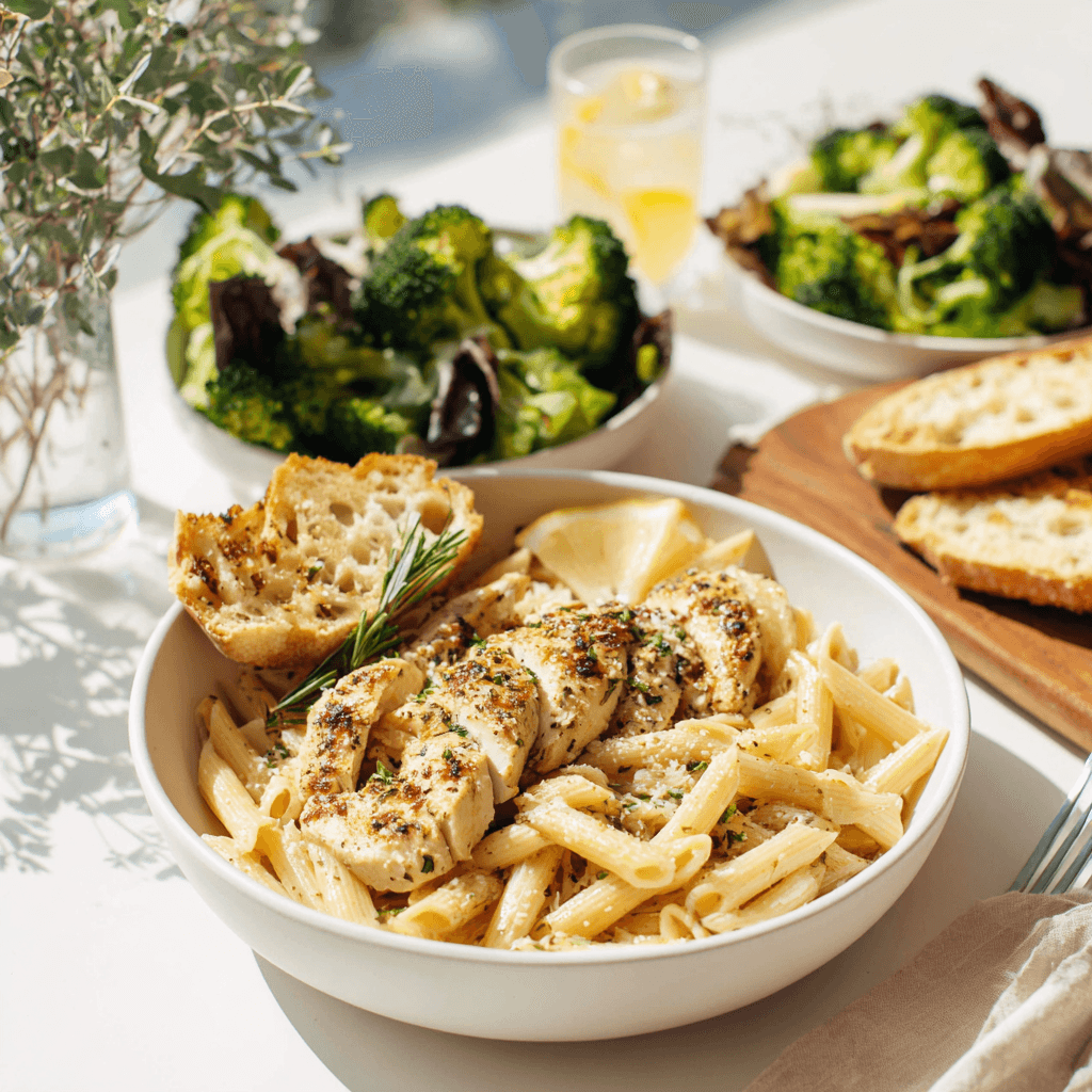 Garlic parmesan chicken pasta served with garlic bread, salad, and roasted broccoli