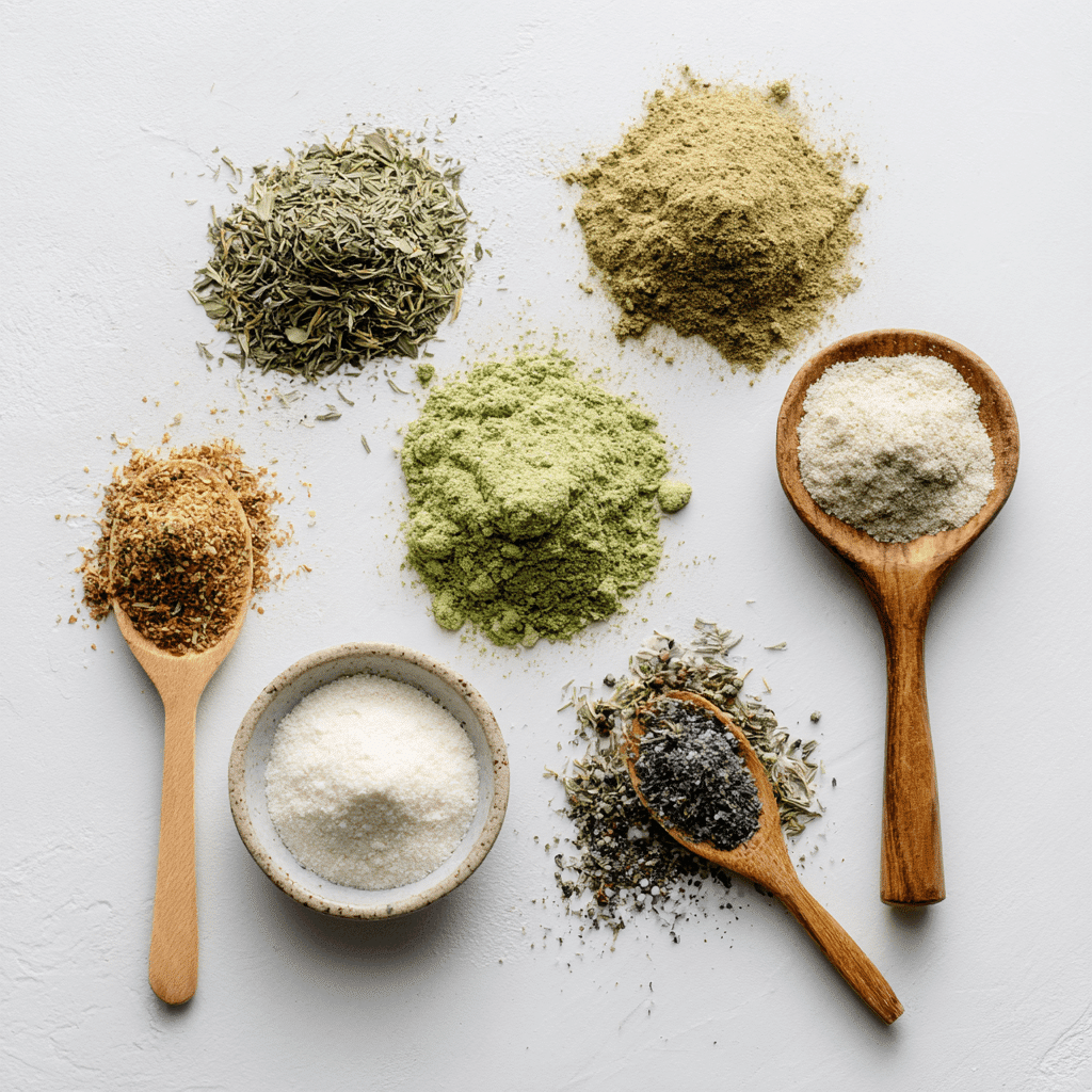 Greek seasoning ingredients arranged individually on a white background