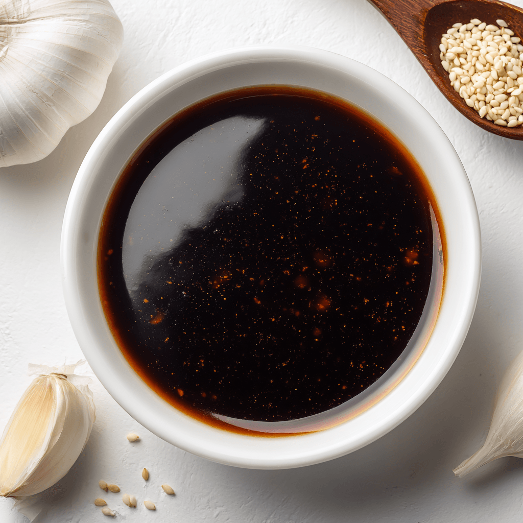Glossy hibachi brown sauce in a white bowl with garlic and sesame seeds