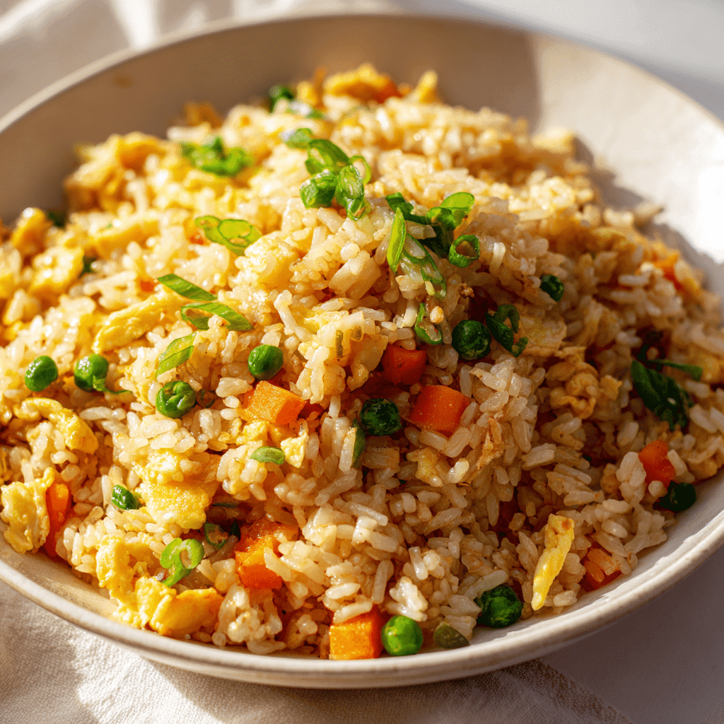 Authentic hibachi fried rice with vegetables and egg on a white plate