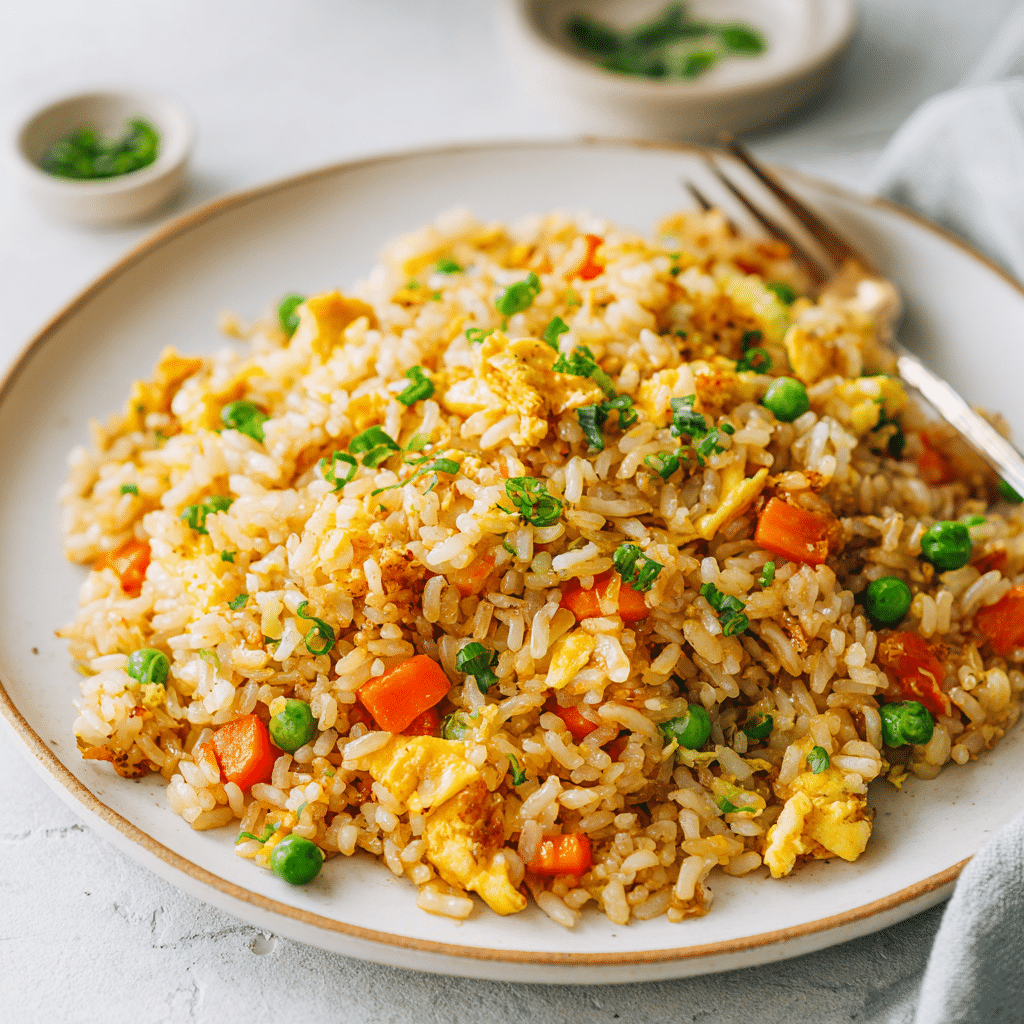 Steaming plate of finished hibachi fried rice