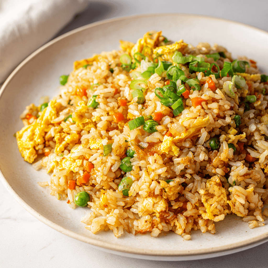 Plate of hibachi fried rice with vegetables and egg