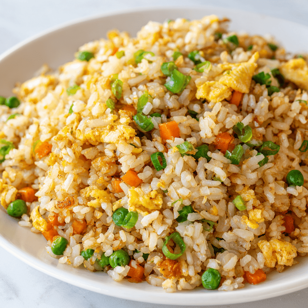 Perfectly cooked hibachi fried rice with vegetables and egg on white plate