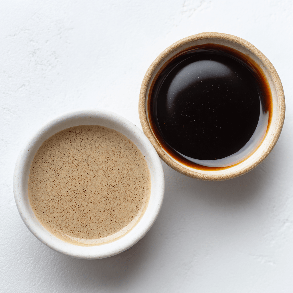 Hibachi ginger sauce and brown sauce served side by side in white bowls