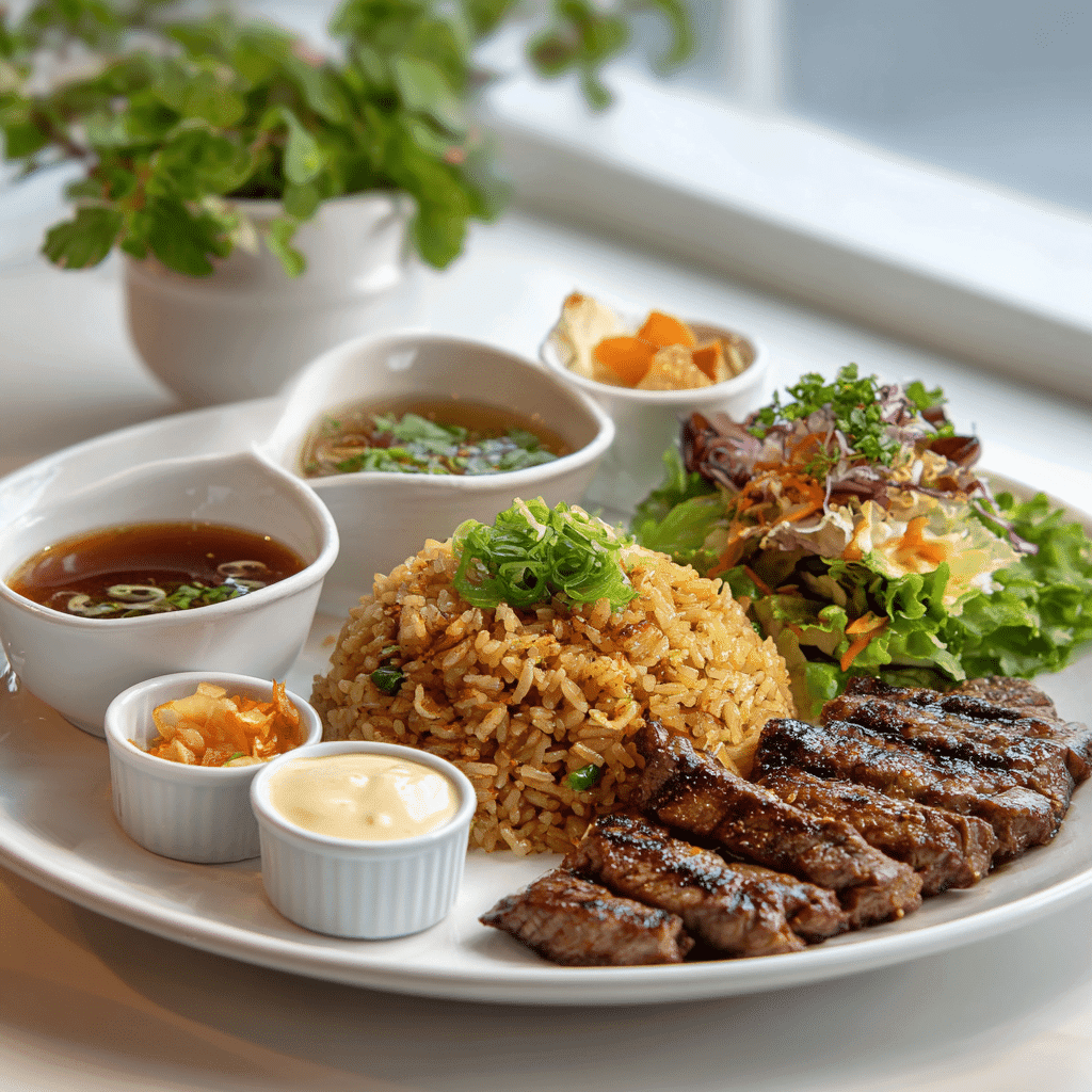 Hibachi fried rice served with grilled meat, miso soup, salad, and dipping sauce