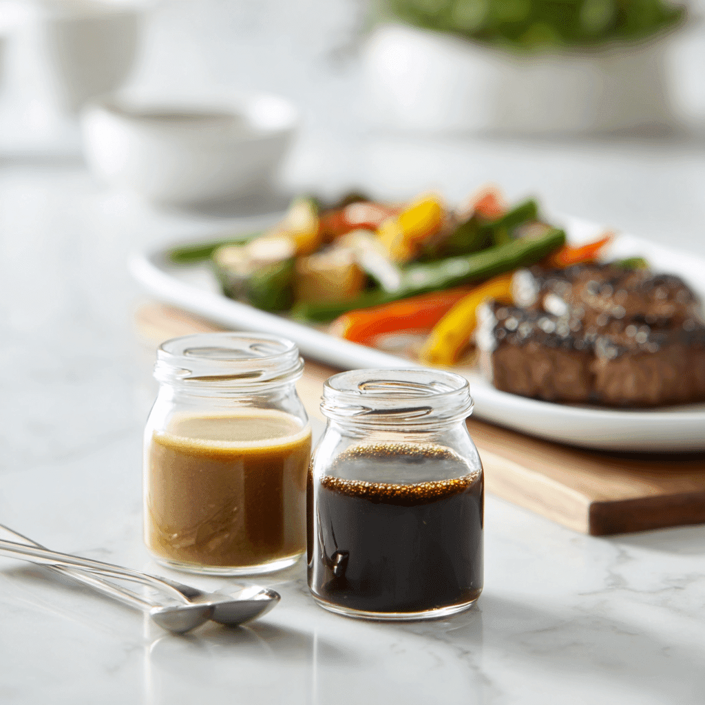 Homemade hibachi ginger and brown sauces in jars beside grilled steak and vegetables