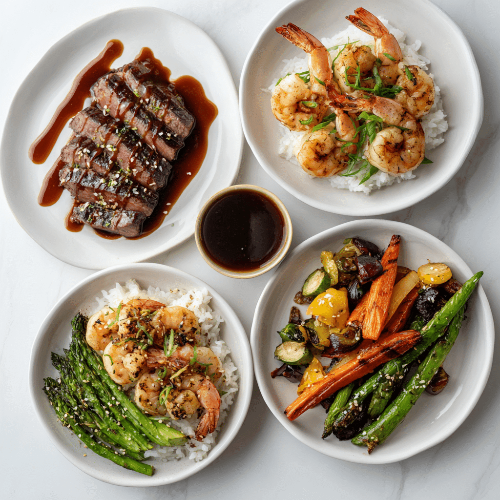 Four dishes showing different ways to use hibachi sauce recipe : steak, shrimp, vegetables, and rice bowl