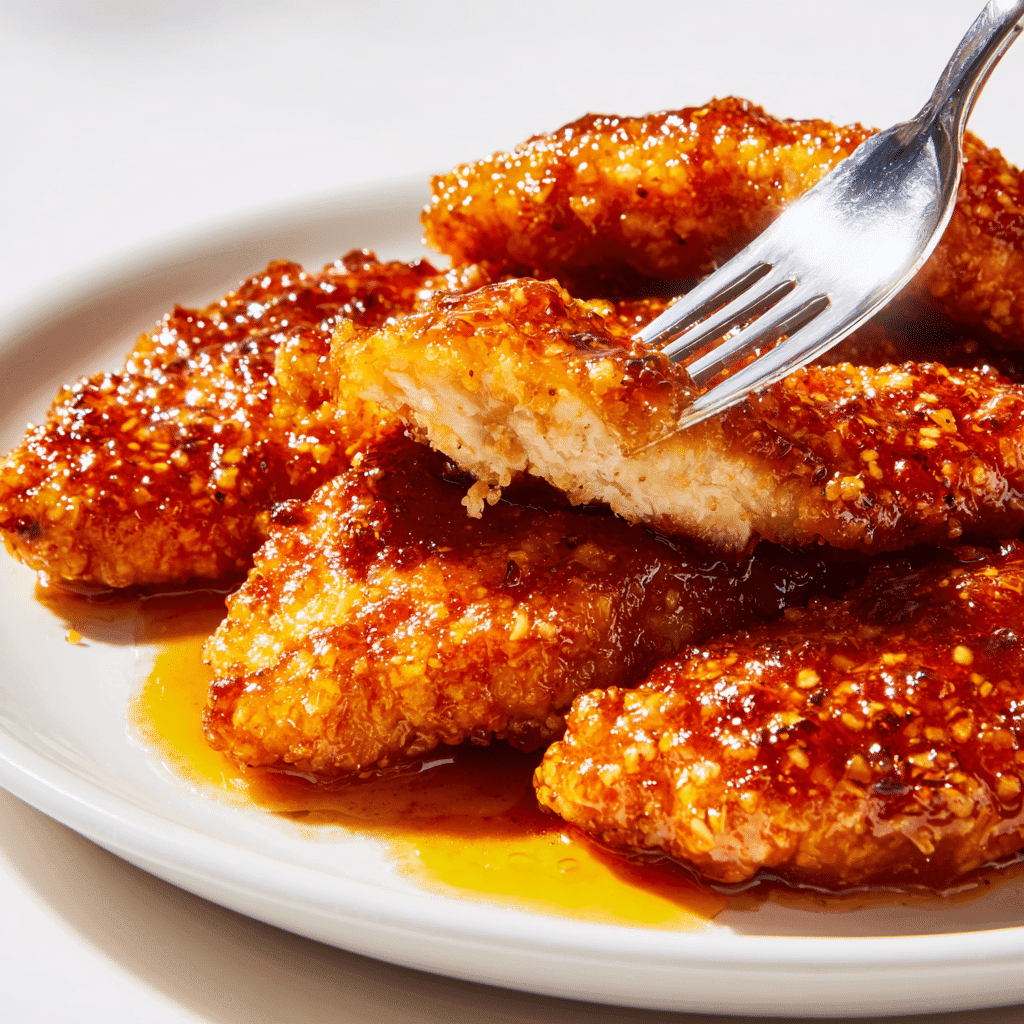 Glazed hot honey chicken tenders mid-bite with fork and dipping sauce