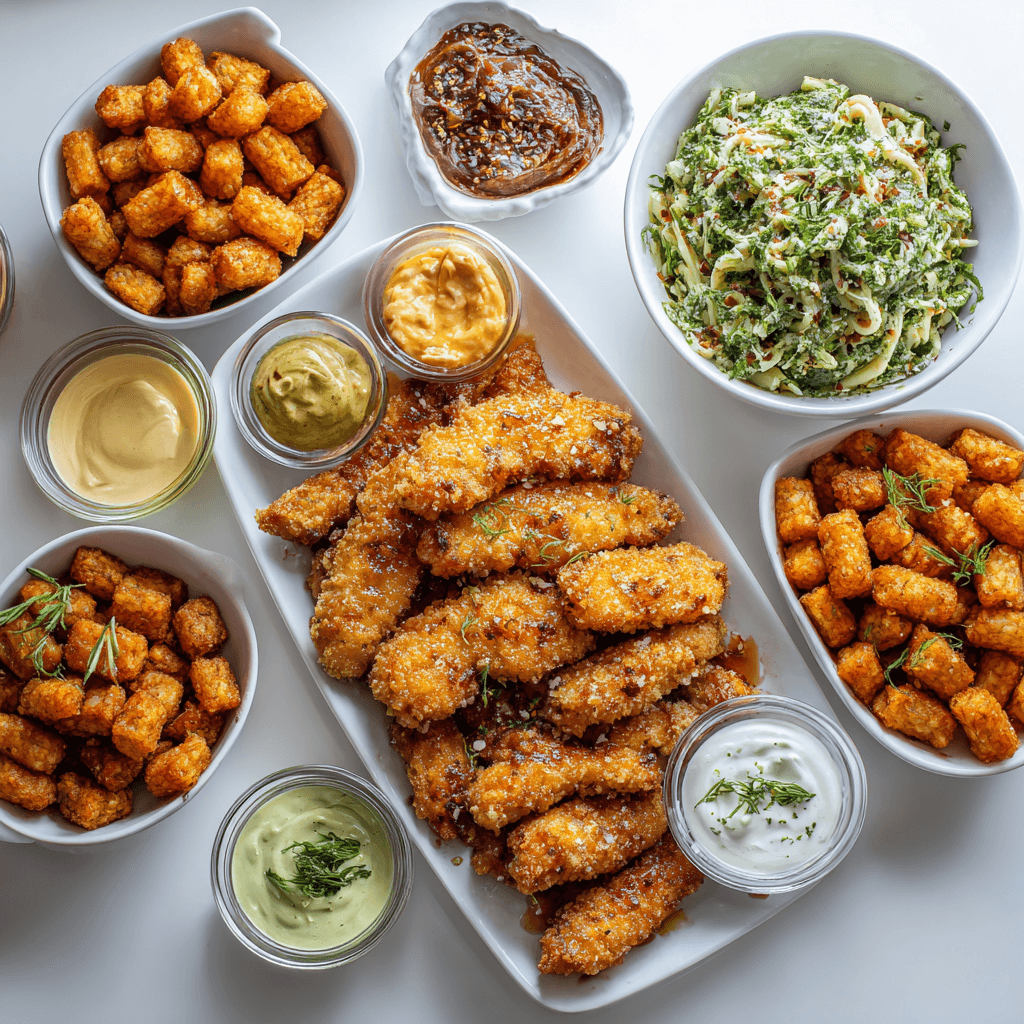 Hot honey chicken tenders served with dipping sauces and side dishes on white table