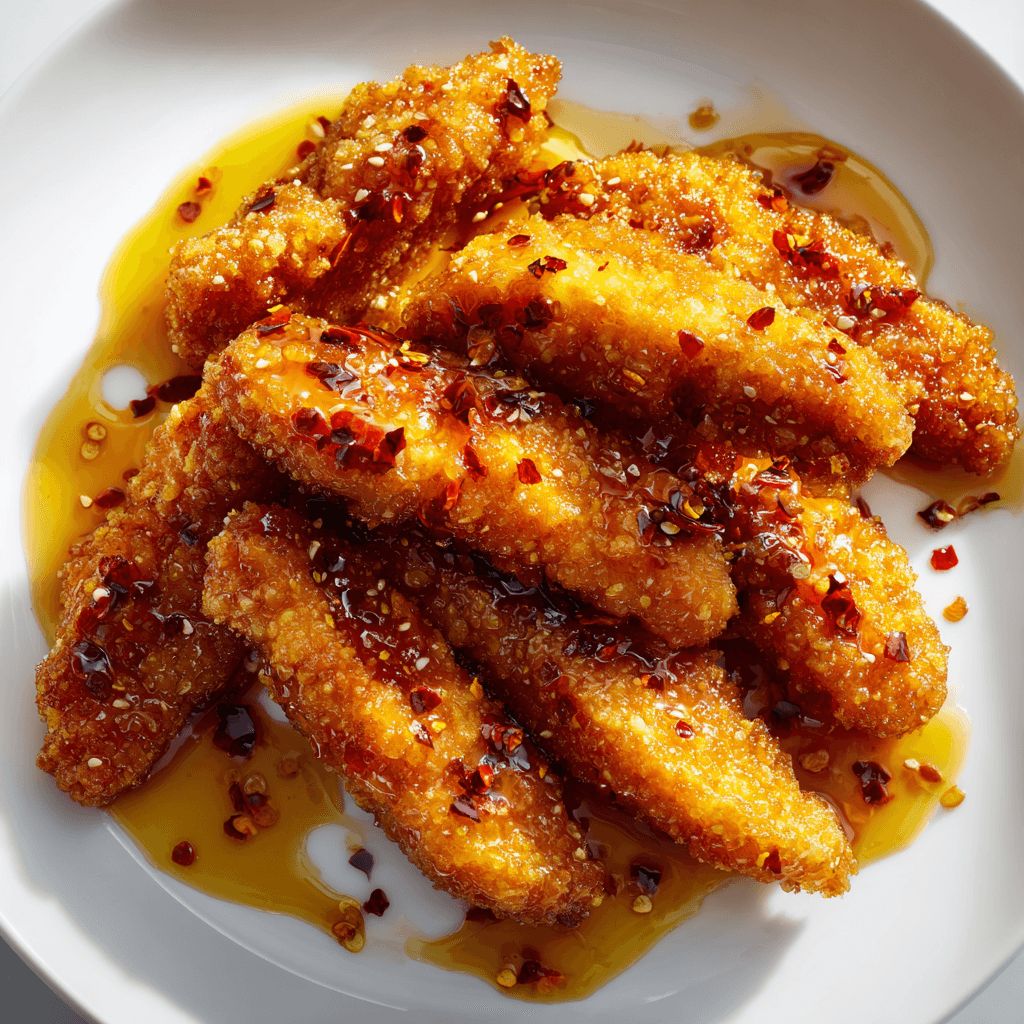 Crispy hot honey chicken tenders glazed with sweet and spicy sauce